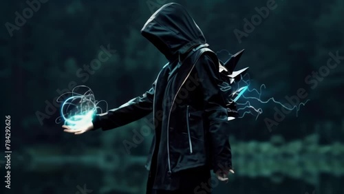 A sorcerer in black robes levitates, hands wielding swirling magical energy in glowing turquoise. White smoke-like aura emanates around the figure.  photo