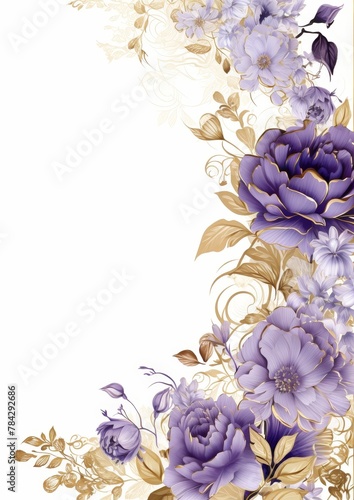 A watercolor painting of purple and lilac flowers with gold accents on a white background.