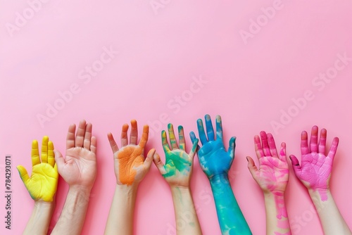 Conceptual representation of tolerance, kindness, cooperation, friendship, and humanitarian aid, portrayed through many rainbow-colored palm hands against a pink background
