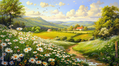 Scenic panoramic view captures idyllic spring and summer, lush pastoral landscape