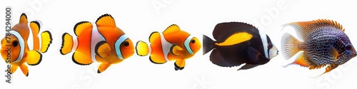  4 different tropical fish, clownfish and discus on a white background. Banner with copy space area. A collection of beautiful sea creatures.