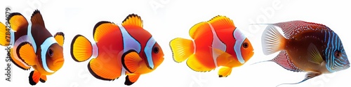  4 different tropical fish, clownfish and discus on a white background. Banner with copy space area. A collection of beautiful sea creatures. © Sabina Gahramanova