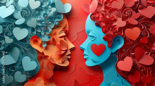 woman and man head, love, paper illustration, multi dimensional colorful paper cut craft
