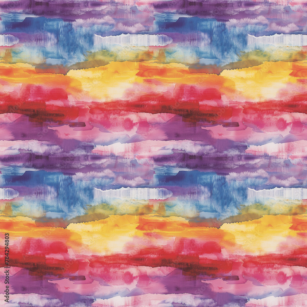 Colorful watercolor stripes and clouds seamless pattern