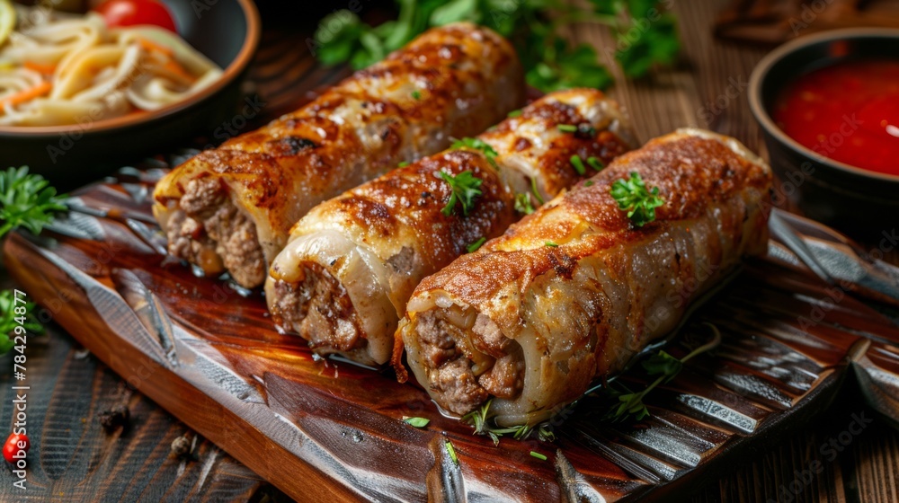 Dishes of Ukrainian cuisine: Krucheniki - fried meat rolls with various fillings.