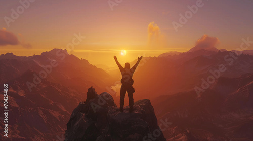 Triumphant Person Celebrating on Mountain Peak at Sunrise