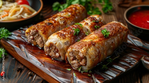 Dishes of Ukrainian cuisine: Krucheniki - fried meat rolls with various fillings.