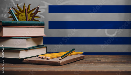 Books and pencils in classroom on the background of the Uruguay flag. Concept of education  back to school