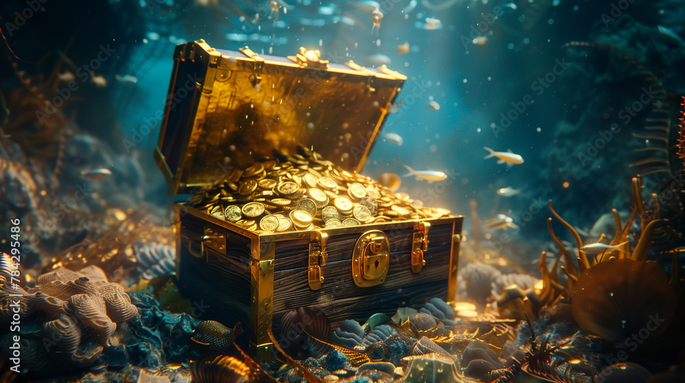 Ilustração do Stock: A treasure chest full of gold coins is sitting on ...