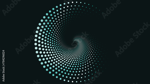 Abstract spiral dotted round vortex style big data cycle background in dark green.