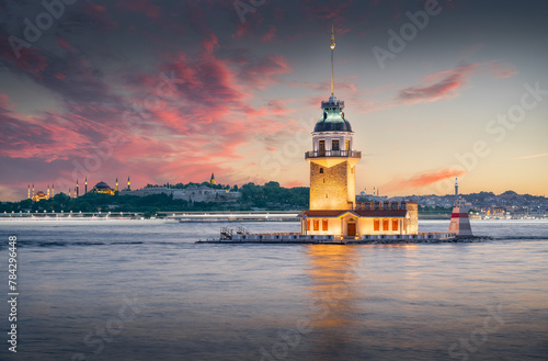 Kiz Kulezi (Leandros Tower) at Sunset, Istanbul Bosphorus with Lights photo