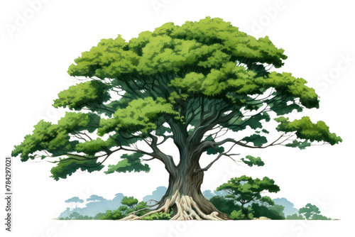 Manga style tree, large leaves, thick trunk, Isolated on a transparent background.