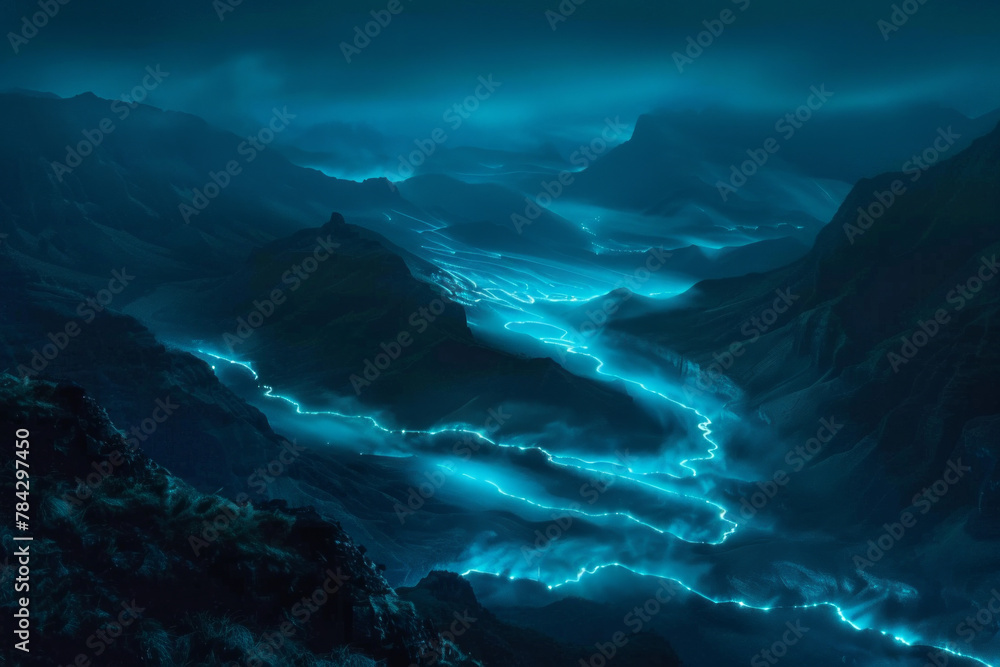 Mountains with glowing blue lines