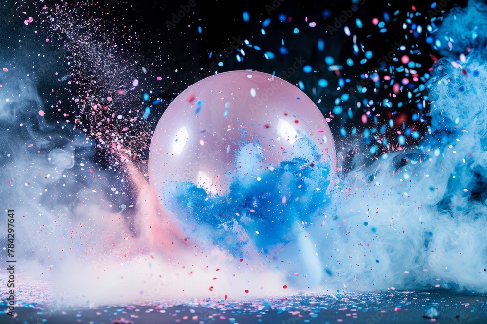 Pink Gender Reveal Balloon Explosion on Blue Background - obrazy, fototapety, plakaty 