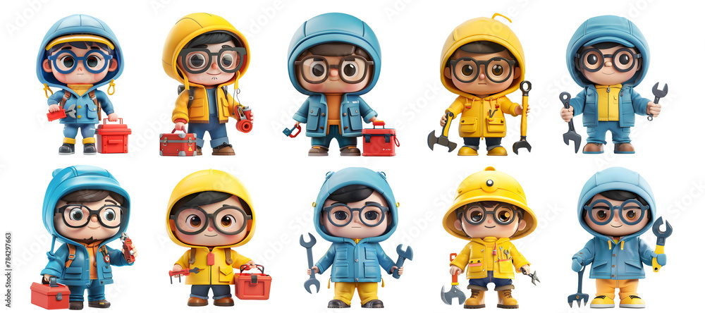 Cute engineer 3d emoji Clipart Bundle, isolated png, generated ai