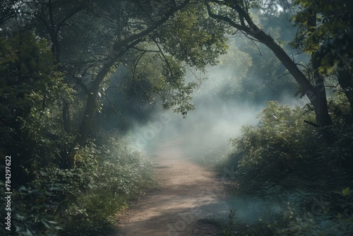 Mystical Forest Trail in Morning Fog