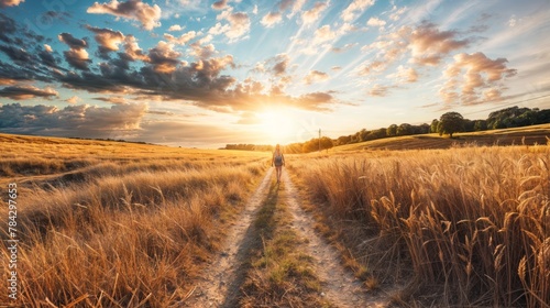 Sunset over a wheat field with a man walking on the path