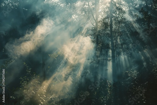 Sunlight Streaming Through Misty Forest Scene