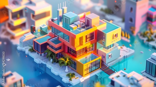 Buildings, shops and architecture designed according to the three-dimensional isometric concept in a minimalist style. photo