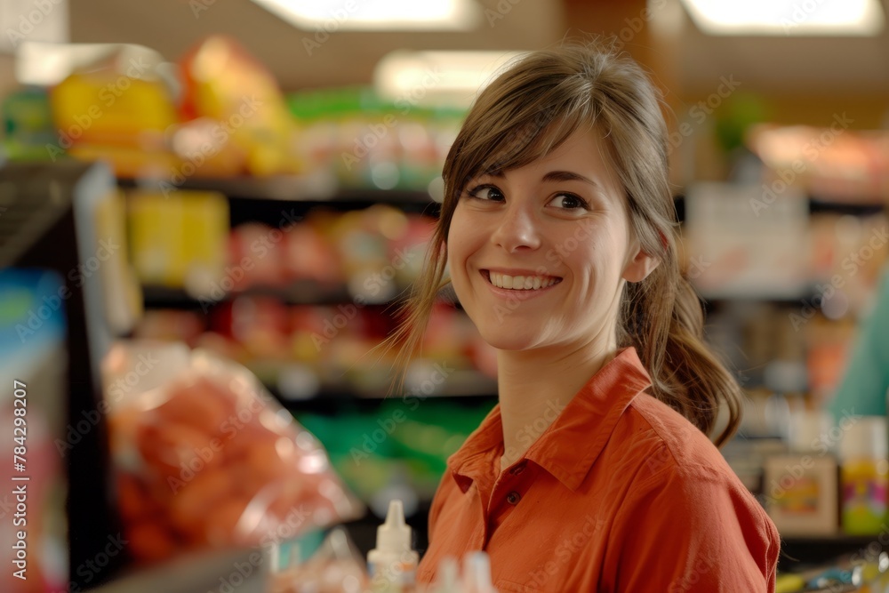 Cheerful Supermarket Worker at Checkout Counter