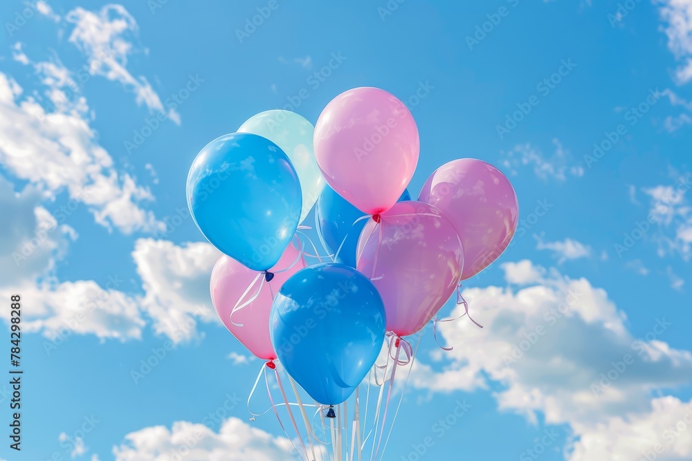 Gender Reveal Party Balloons Soaring Against Cloudy Sky