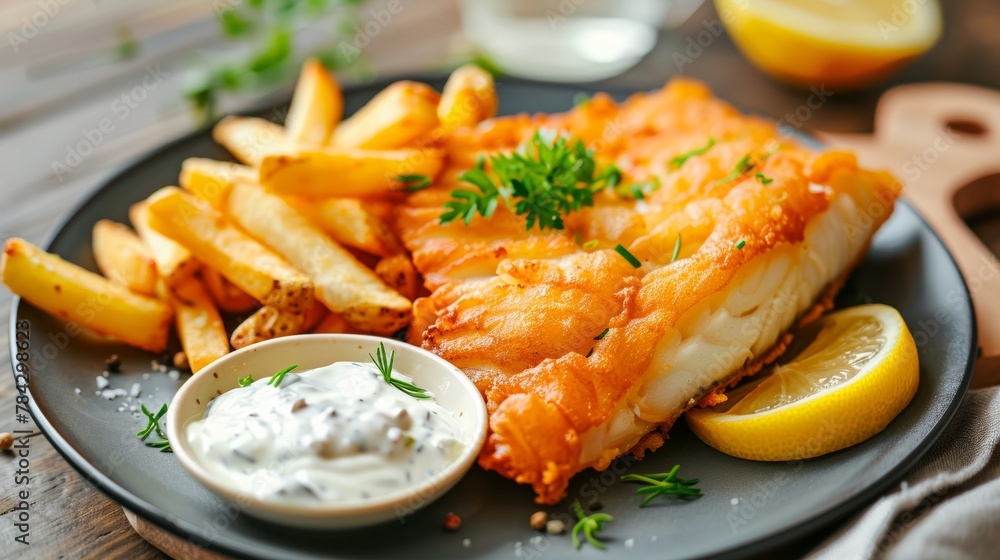 New Zealand dishes: deep-fried blue cod, served on a plate with tartare sauce, lemon and French fries. New Zealand dishes: deep-fried blue cod, served on a plate with tartare sauce, lemon and French fries.