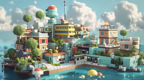Buildings, shops and architecture designed according to the three-dimensional isometric concept in a minimalist style.