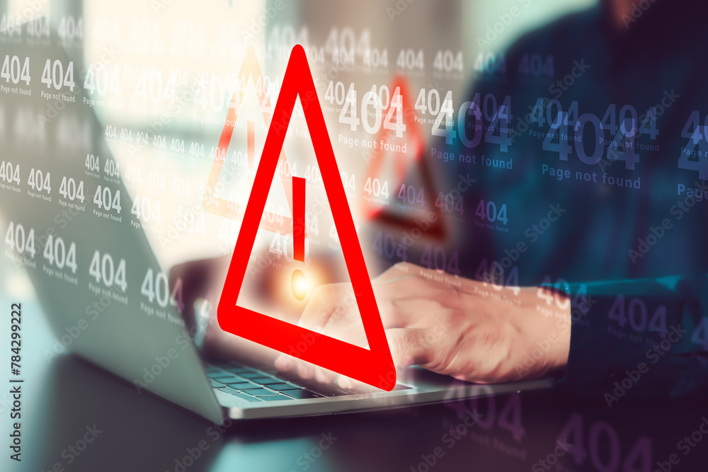 Obraz premium Warning caution 404 page not found error system warning on problem computer network or firewall protection for cyber threat attack security risk alert hacker or cybercrime safety or virus prevent.