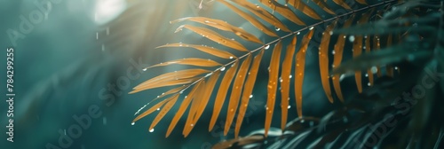 palm leafs photo, overcast, savana, macro photo, flowers, colors, dew, neutral tone, blu sky , blur background, canon camera style color