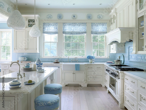 Bright coastal kitchen with white cabinets, blue accents, and a stunning ocean view.