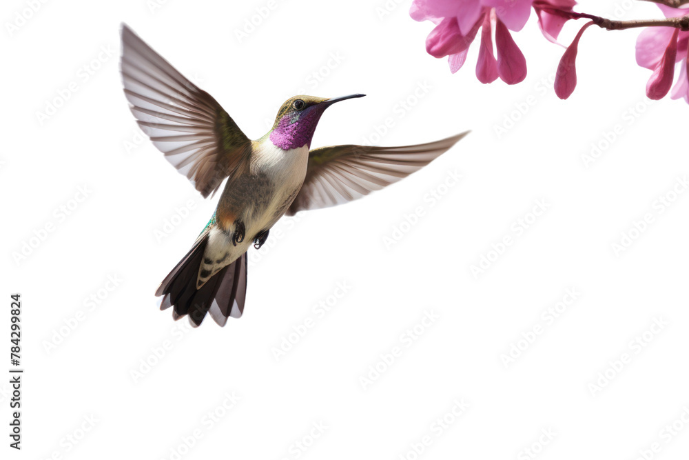 Fototapeta premium Hummingbird Flying to suck nectar from purple frangipani flowers , Isolated on transparent background.