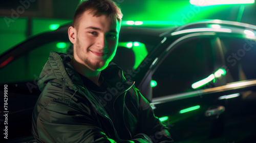 A man is smiling in front of a car. The car is black and has a shiny, reflective surface. The man is wearing a green jacket and he is posing for a photo. Scene is cheerful and lighthearted