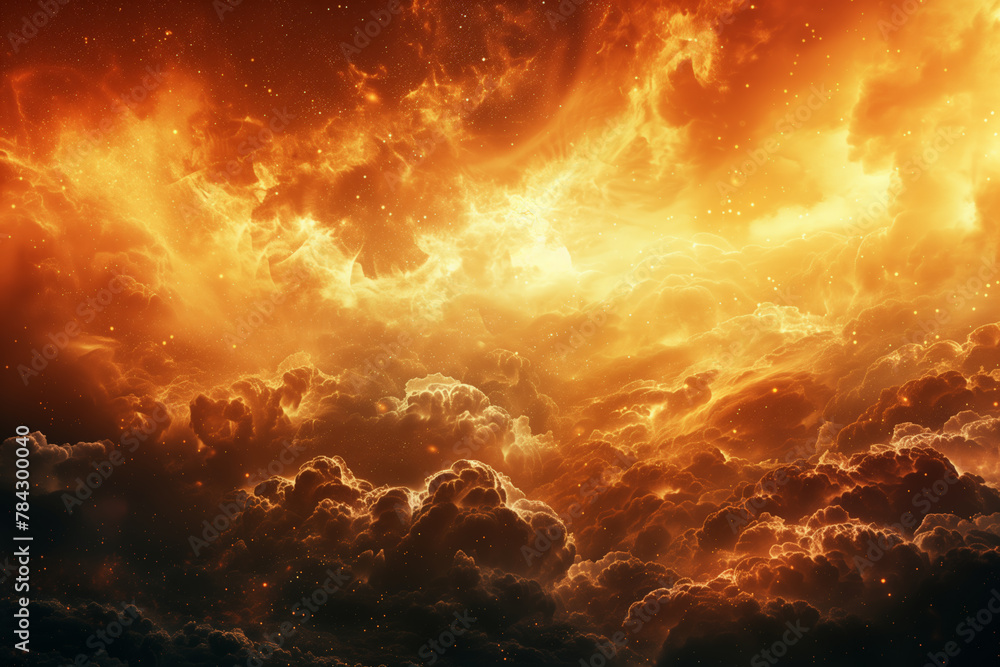 Orange and yellow fiery sky filled with dramatic clouds, natural catastrophe wallpaper background