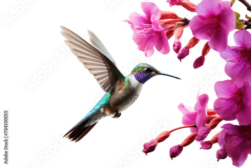 Hummingbird Flying to suck nectar from purple frangipani flowers   Isolated on transparent background.