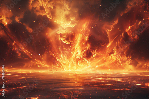 Massive explosion with bright orange and red clouds, natural catastrophe wallpaper background