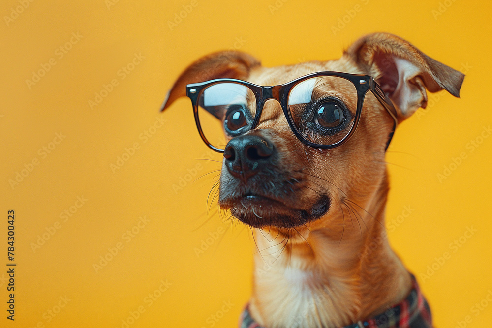 Cool golden-colored dog with sunglasses on background of yellow wall.