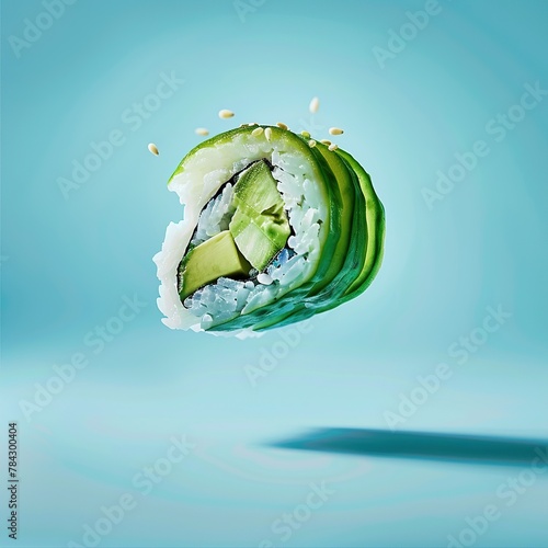 A close-up image of a single piece of sushi, with cucumber on the outside and avocado and rice on the inside, against a pale blue background. photo