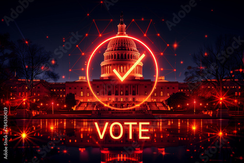Illustration of silhouette with neon lamp of the United States Capitol dome,  with a checkmark and text of vote. Election Day in United States Concept photo