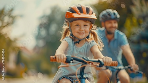 father and child riding bikes. Generative AI © anna