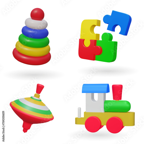 Set of retro kinds Toys. Colored rotated games for kids gyroscope twirl, train, locomotive on rails, pyramid, puzzle. 3d Vector illustration. Most classic toys in the past.