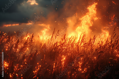 Intense firestorm ravaging field, natural catastrophe wallpaper background