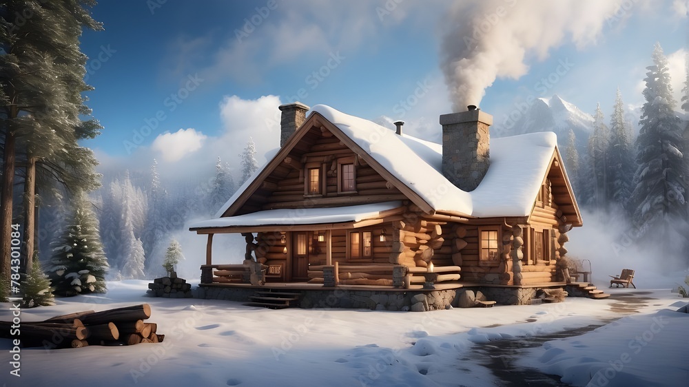 A cozy log cabin nestled in a snowy forest with smoke rising from the chimney A cozy log cabin nestled in a snowy forest with smoke rising from the chimney