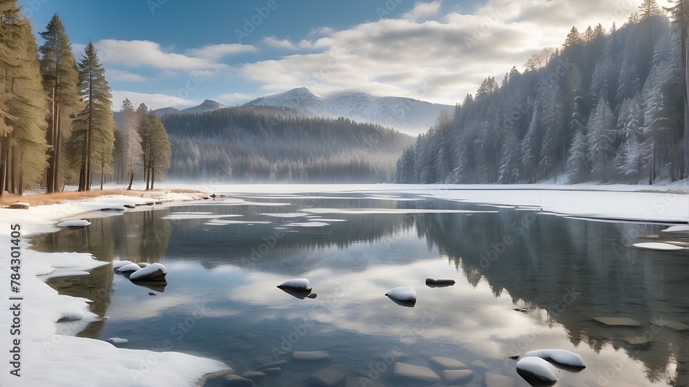 A  serene frozen lake surrounded by tall pine trees dusted with snow