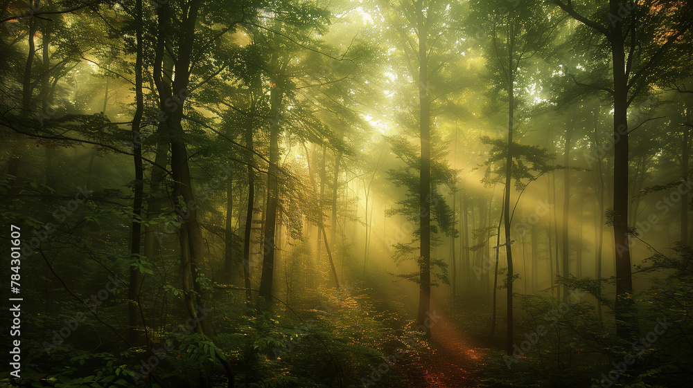 Obraz premium 日差しが差す幻想的な森林の風景