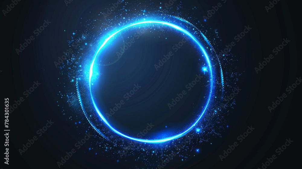 Radiant blue circle ring with glittering glow on black background Radiant blue circle ring with glittering glow on black background