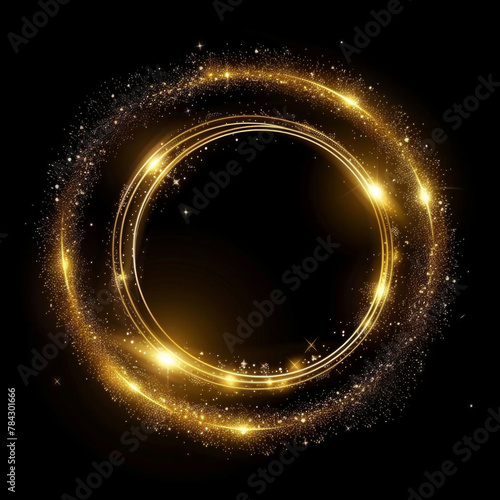 Radiant golden circle ring with glittering glow on black background