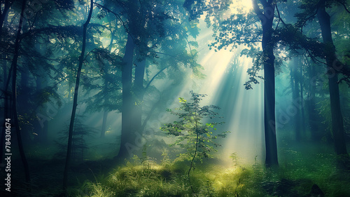 日差しが差す幻想的な森林の風景 photo