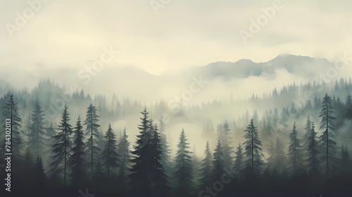 Misty landscape with fir forest in vintage retro style