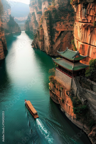 A ship sailing on the river in a canyon in china 