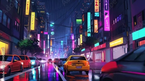 In the night,  in this big city, The rain falls, view up side down many small cars on the street, by coloful neon light darkness high bulldingsc stromy day photo